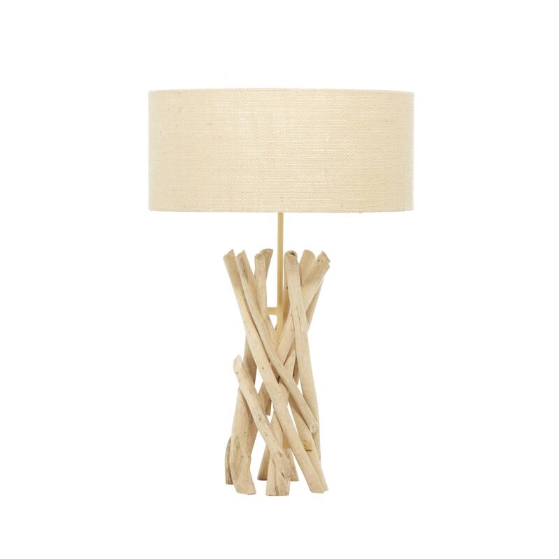 Driftwood Handmade Room Table Lamp with Cream Linen Shade - Light Brown - Roche River Decor - Light Brown