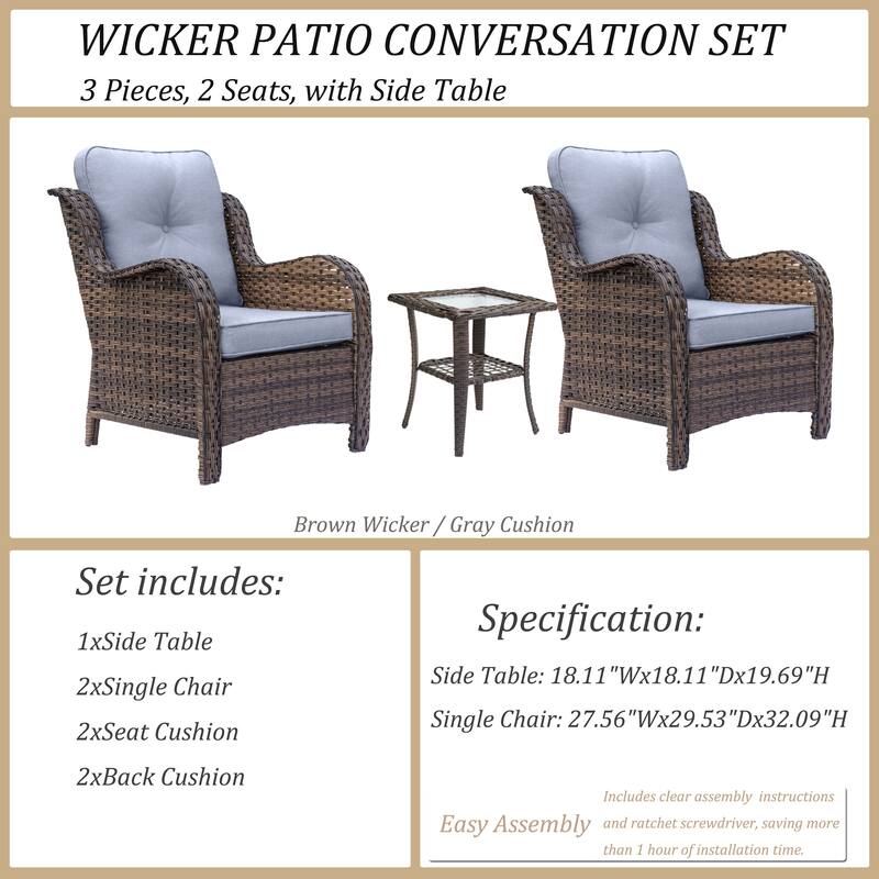 3 Piece High Back Wicker Rattan Outdoor Patio Furniture Chairs Set