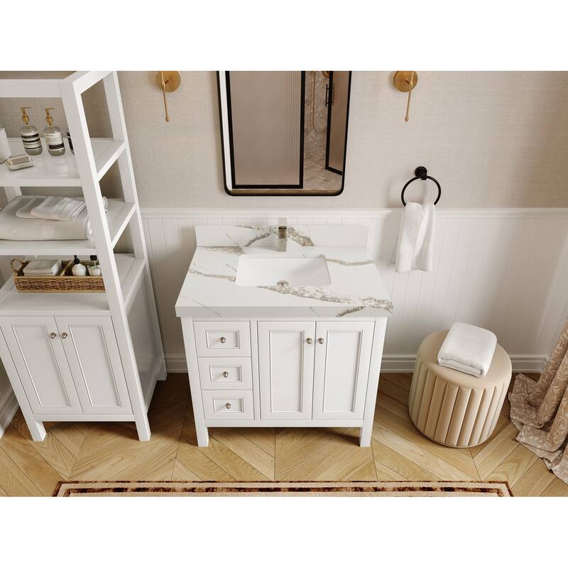 Willow Collections 36 in. W x 22 in. D Nashville Center Right Sink Bathroom Vanity with Countertop - 2”Calacatta Gold - White