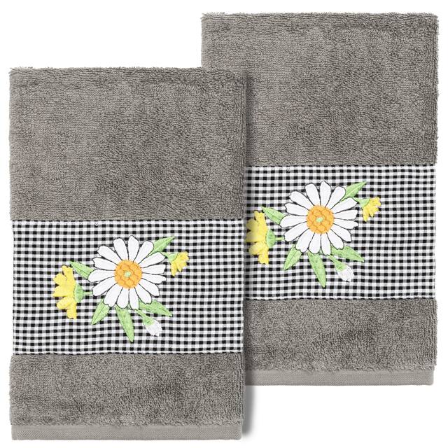 Authentic Hotel and Spa 100% Turkish Cotton Daisy 2PC Embellished Hand Towel Set - Dark Gray