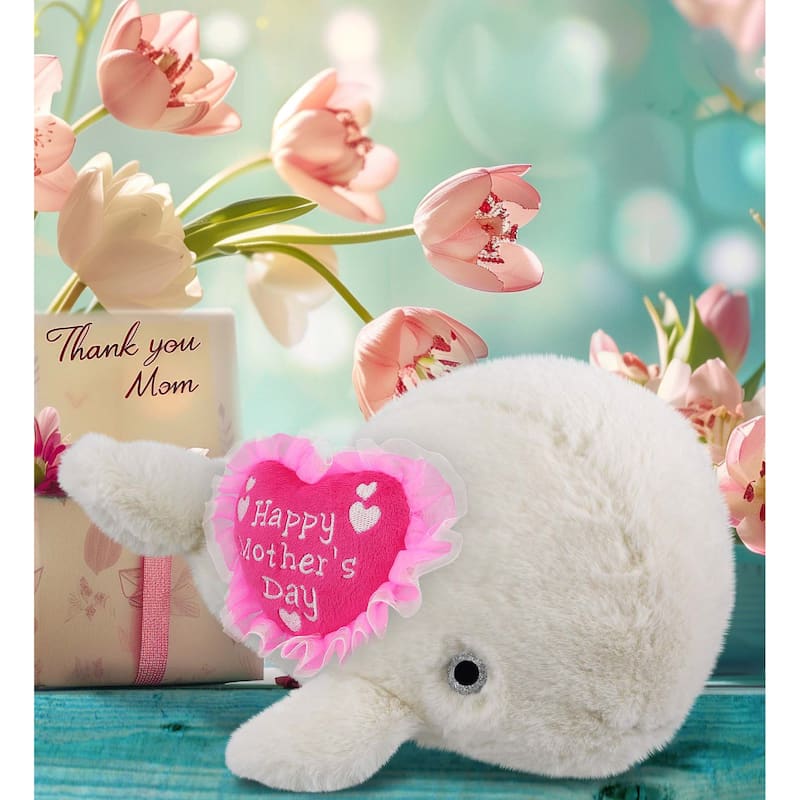 DolliBu Mothers Day Super Soft Plush White Whale Large with Pink Heart - 13 inches