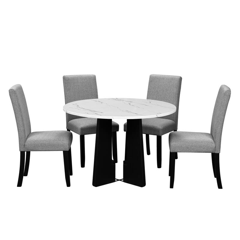 Modern 5-Piece Round Dining Set, 43-Inch Dining Table & 4 Upholstered Chairs, Farmhouse, Mid-Century Style for Dining Room