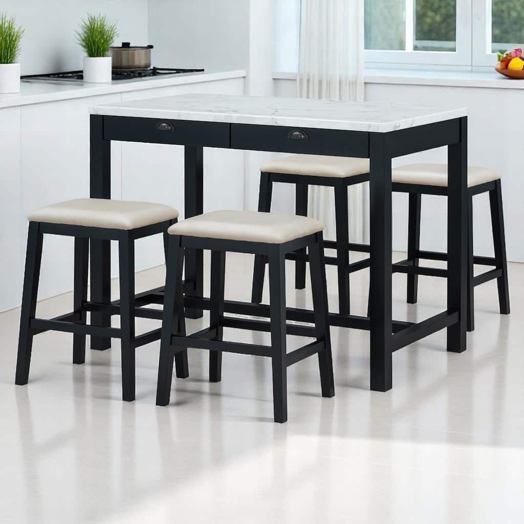 5-Piece Dining Set for 4, Counter Height Modern Kitchen Table with Storage Drawers & 4 Upholstered Chairs for Dining Room