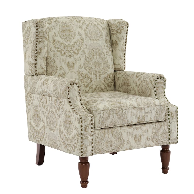 Traditional Floral Patterned Wingback Armchair with Nailhead Trim