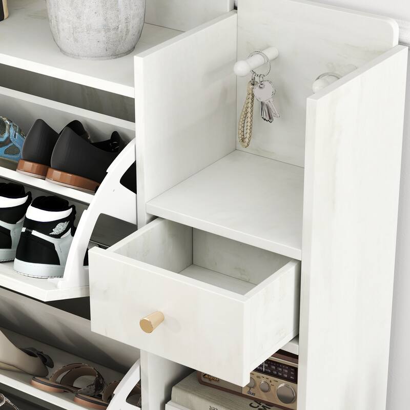 Freestanding Shoe Storage Cabinet, Narrow Hidden Shoe Rack with 3 Rattan Flip Drawers, 3 Square Shelves & 1 Storage Drawer