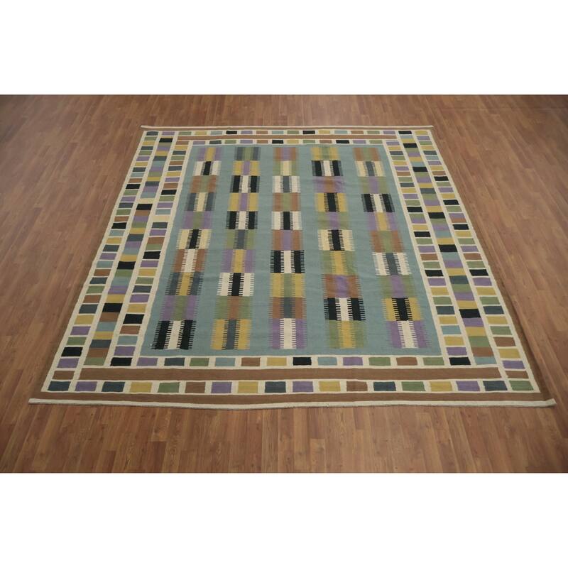 Hand Woven Oriental 100% Wool Carpet Southwestern Tribal Navy Blue & Blues Kilim Area Rug - 10' 2'' X 9' 8''