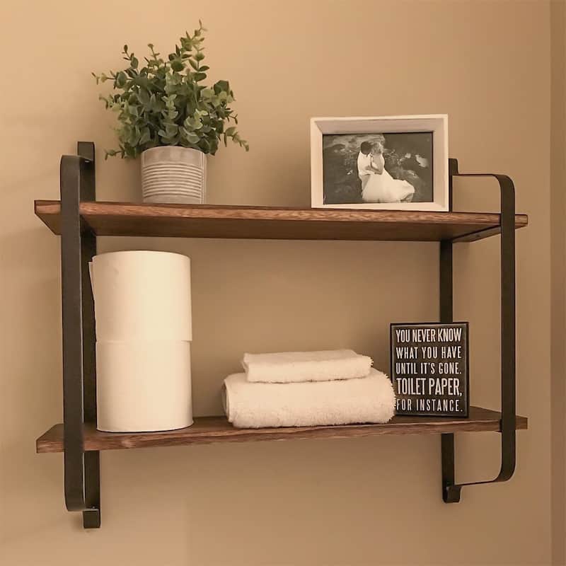 2 Tiers Pine Solid Wood Floating Shelf Wall Mounted with Live Edge - Brown