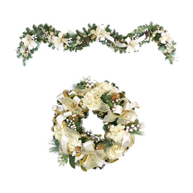 Holiday Bundle with 9' Decorated Garland and 32" Hydrangea Wreath - Cream, Gold - 32Hx32Wx9D, 10Hx8Wx108D
