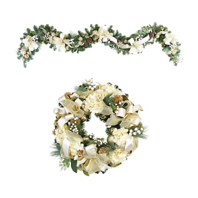 Holiday Bundle with 9' Decorated Garland and 32" Hydrangea Wreath - Cream, Gold - 32Hx32Wx9D, 10Hx8Wx108D