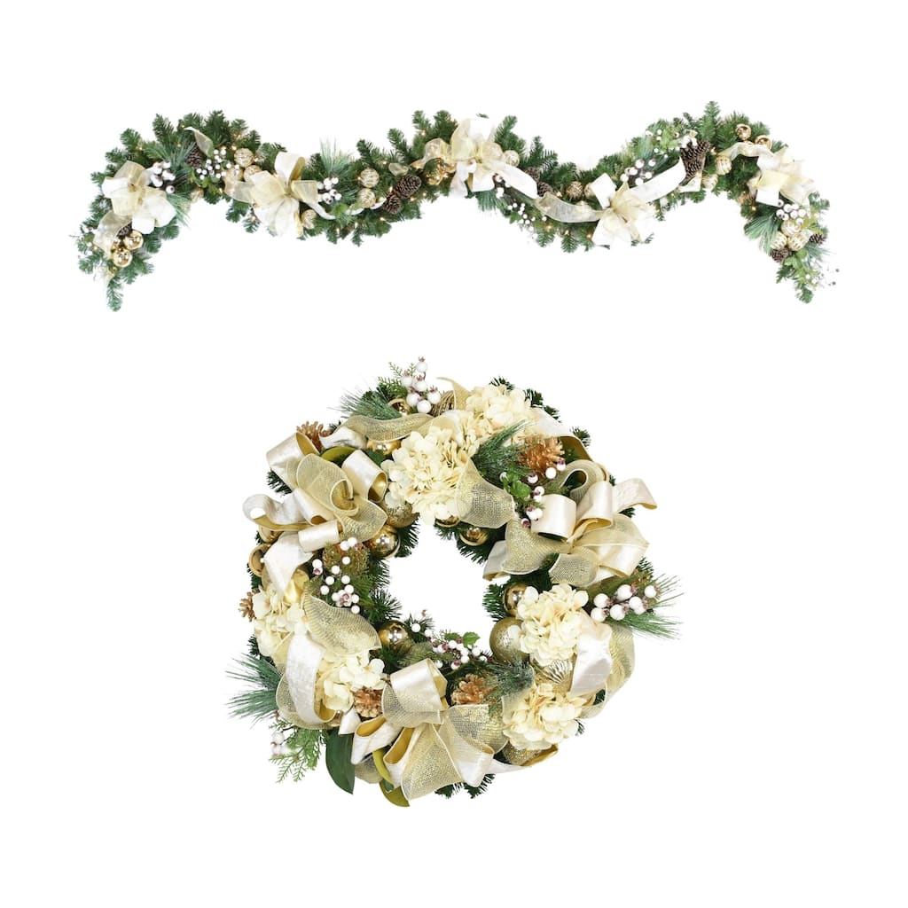Holiday Bundle with 9' Decorated Garland and 32" Hydrangea Wreath - Cream, Gold - 32Hx32Wx9D, 10Hx8Wx108D