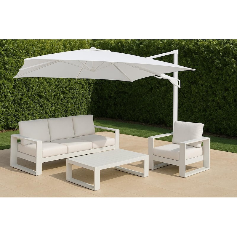 Piola All White 10 ft. Square Aluminum Outdoor Patio Cantilever Umbrella with Granite Base