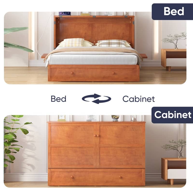 Mixoy Murphy Bed with Mattress,Modern Cube Foldable Cabinet Bed with Charging Station