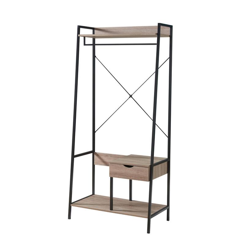 Bery 71 Inch Clothing Rack, 1 Drawer, Hanging Rod, Open Shelf, Taupe, Black
