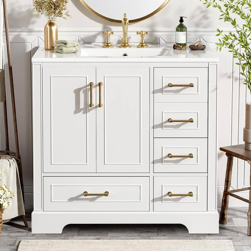 36" Traditional Bathroom Vanity with Ceramics Sink and 4 Drawers - White