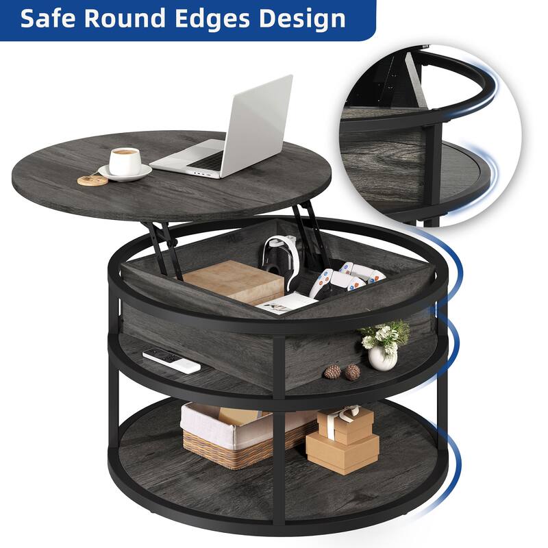 Moasis Farmhouse Lift Top Round Coffee Table with Hidden Storage and Shelf