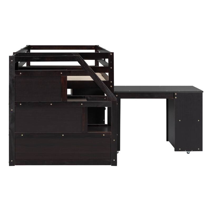Twin/Full Size Loft Bed with Retractable Writing Desk and 3 Drawers, Wooden Loft Bed Frame w/ Storage Stairs & Shelves for Kids