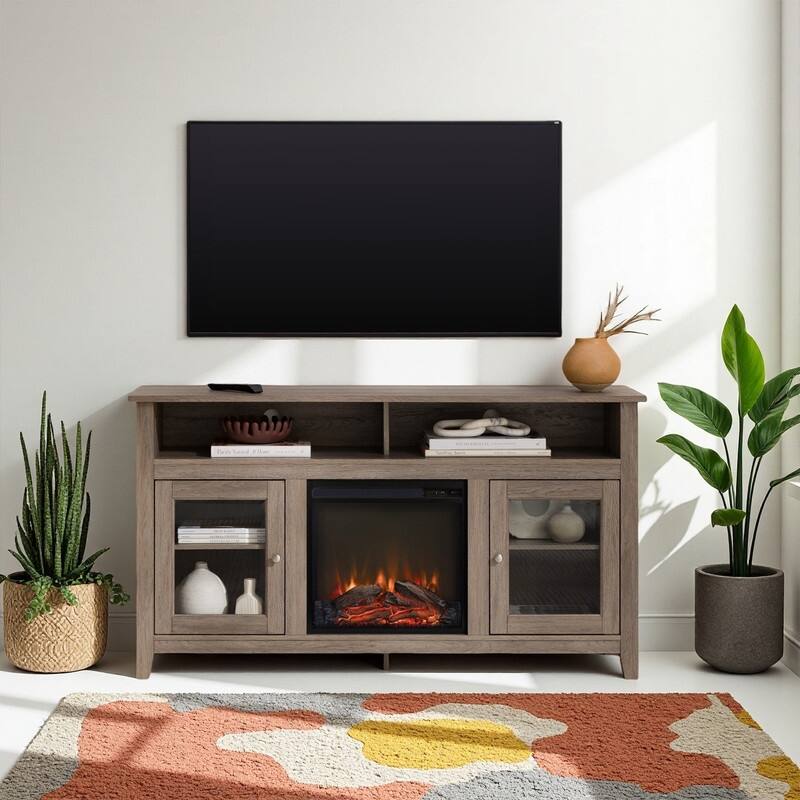 58/60" Contemporary/Classic Fireplace TV Stand for 65" TVs w/ 18" Insert Open/Glass-Door Storage Stone Gray/Driftwood