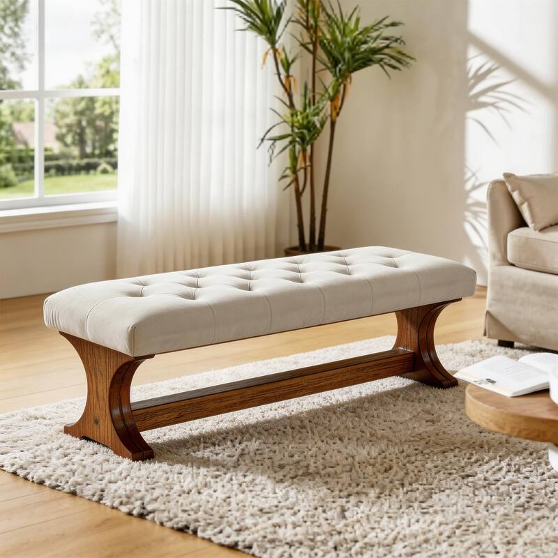 Upholstered End of Bed Bench, 55" Solid Wood Tufted Entryway Bench