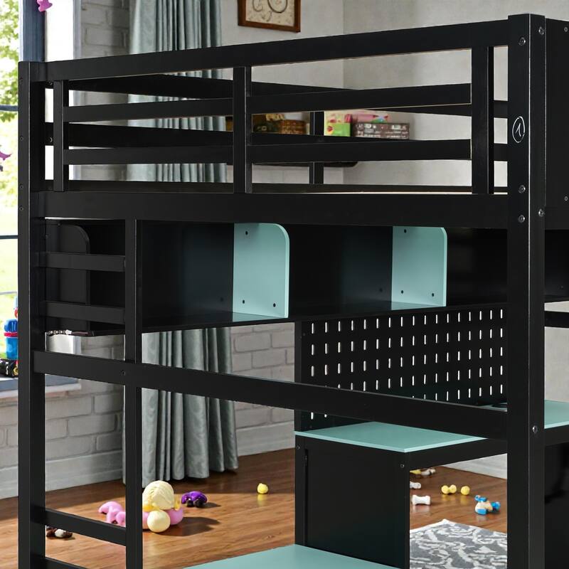 Full Size Wood Loft Bed with Desk, Shelves, LED Lights, USB Ports, Pegboard & Space-Saving Storage Design