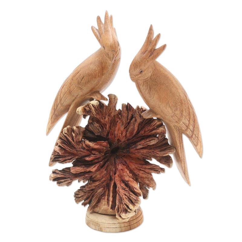 NOVICA Cockatoo Couple, Wood sculpture - 8.25" H x 6.25" W x 2.4" D