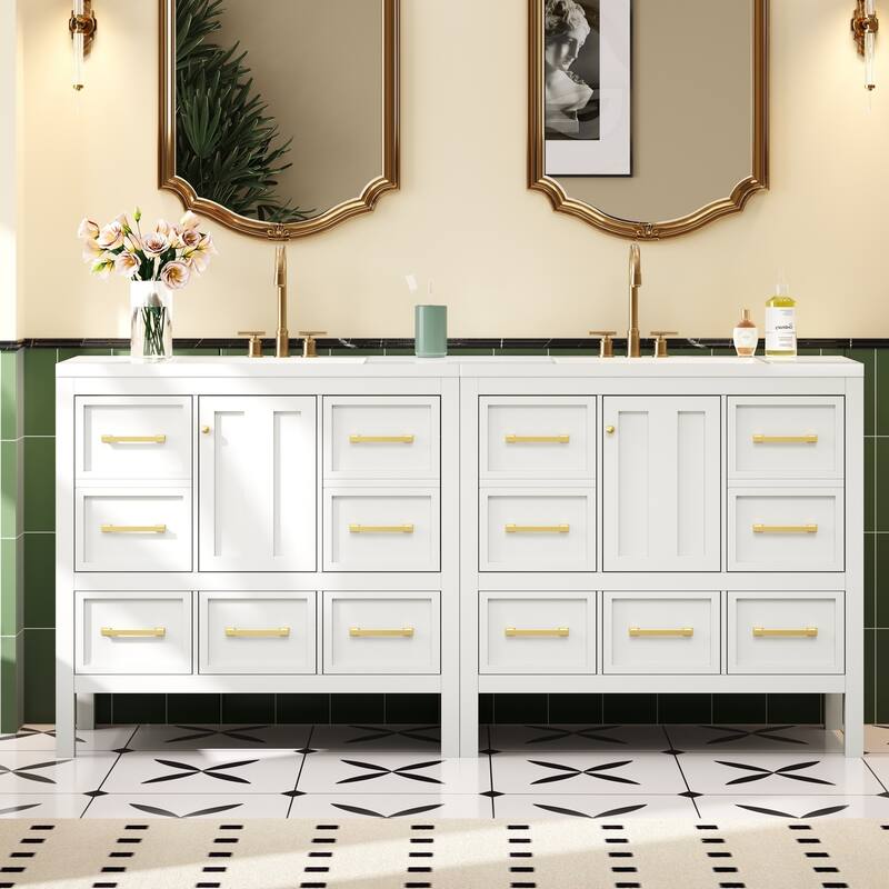 GDFStudio - Bransford Modern Freestanding Double Bathroom Vanity Set with Resin Sinks & Soft Closing Doors, Set of 2 - 72'W - White