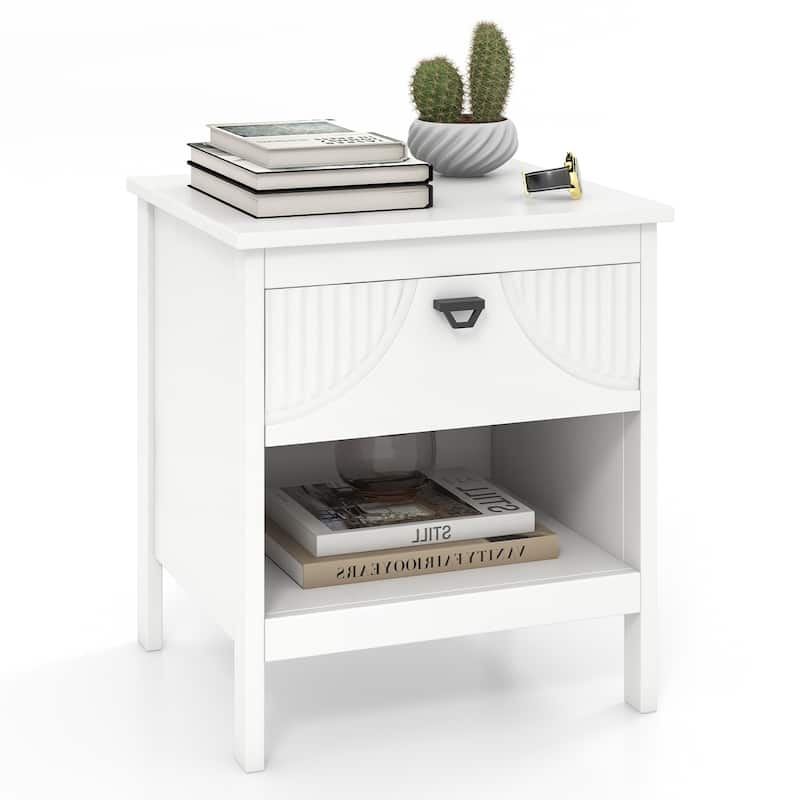 White MDF Nightstand with Drawer, Shelf and Faux Cutout Design - White