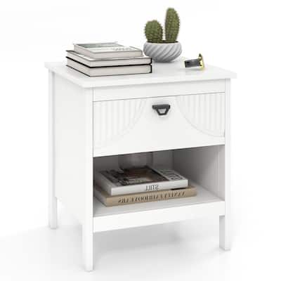 White MDF Nightstand with Drawer, Shelf and Faux Cutout Design