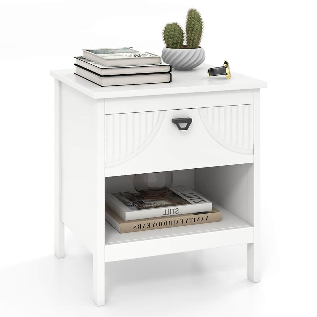 White MDF Nightstand with Drawer, Shelf and Faux Cutout Design