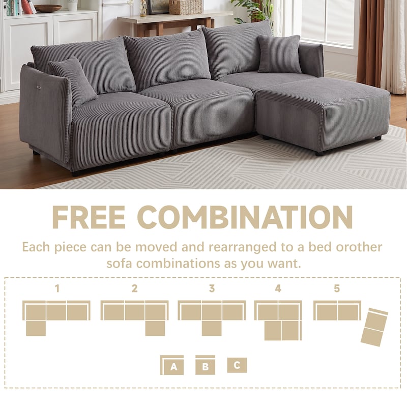 Grey 106" Corduroy 3-Seater Sectional Sofa with 2 Cushions and USB Charging Ports