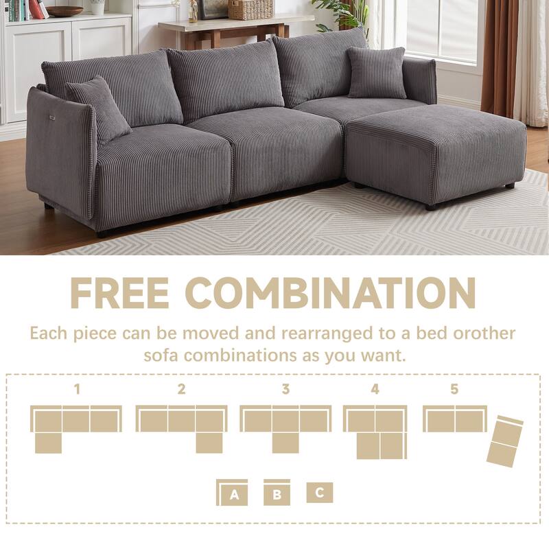 Modular Sectional Sofa with Chaise Lounge, Corduroy Upholstered 4 Seater Sofa, Corner Sofa with 2 Cushions & USB Charging Ports