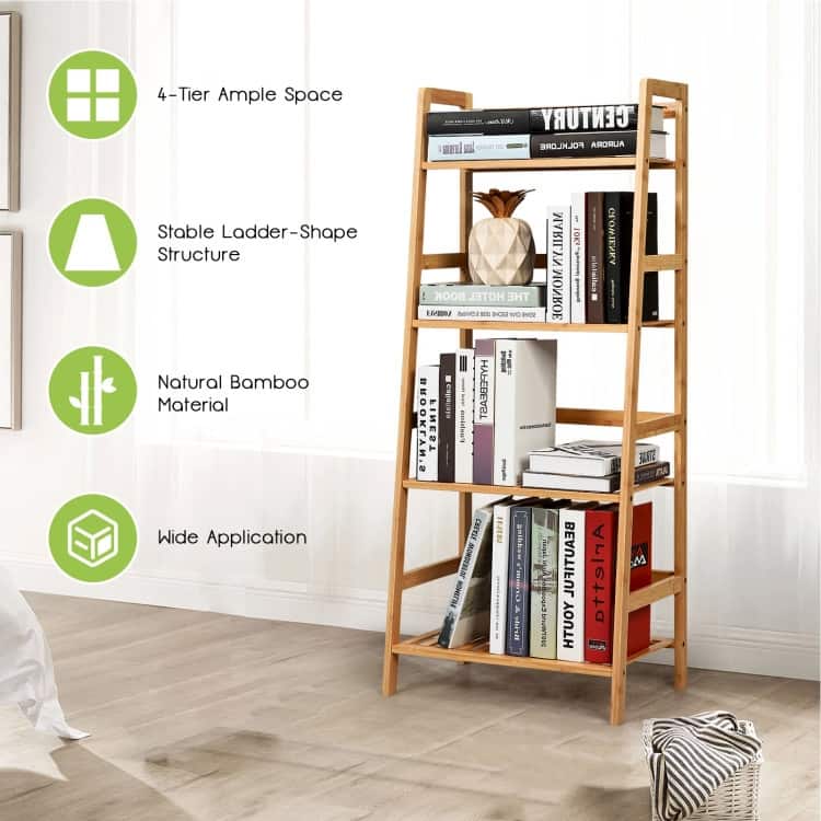 4-Tier Bamboo Ladder Shelf-Natural - 19" x 12.5" x 45" (L x W x H)
