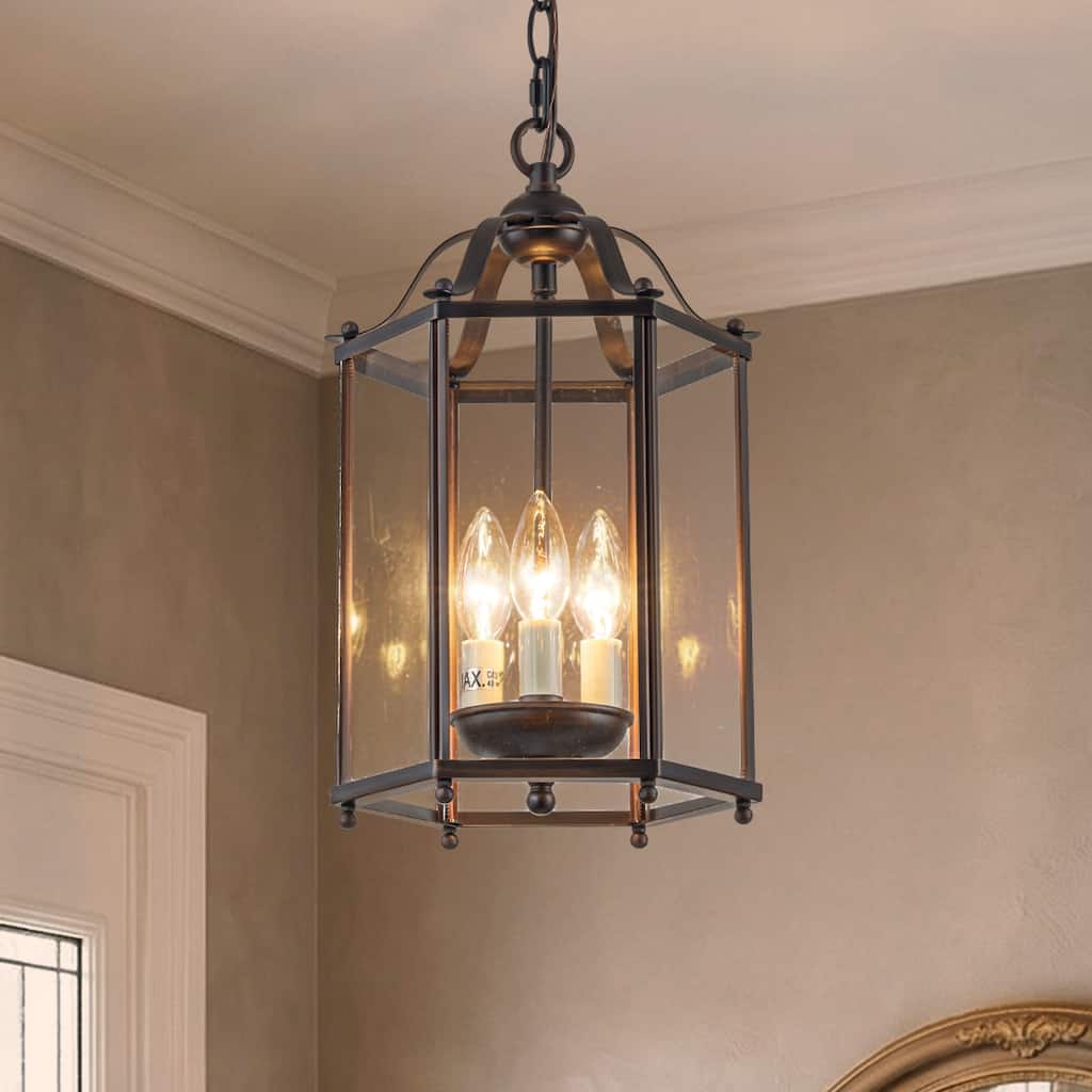 Vintage Bronze Lantern Pendant Light 3-Light Farmhouse Chandelier with Clear Glass Shade 10‘’ Hanging Light for Foyer Kitchen