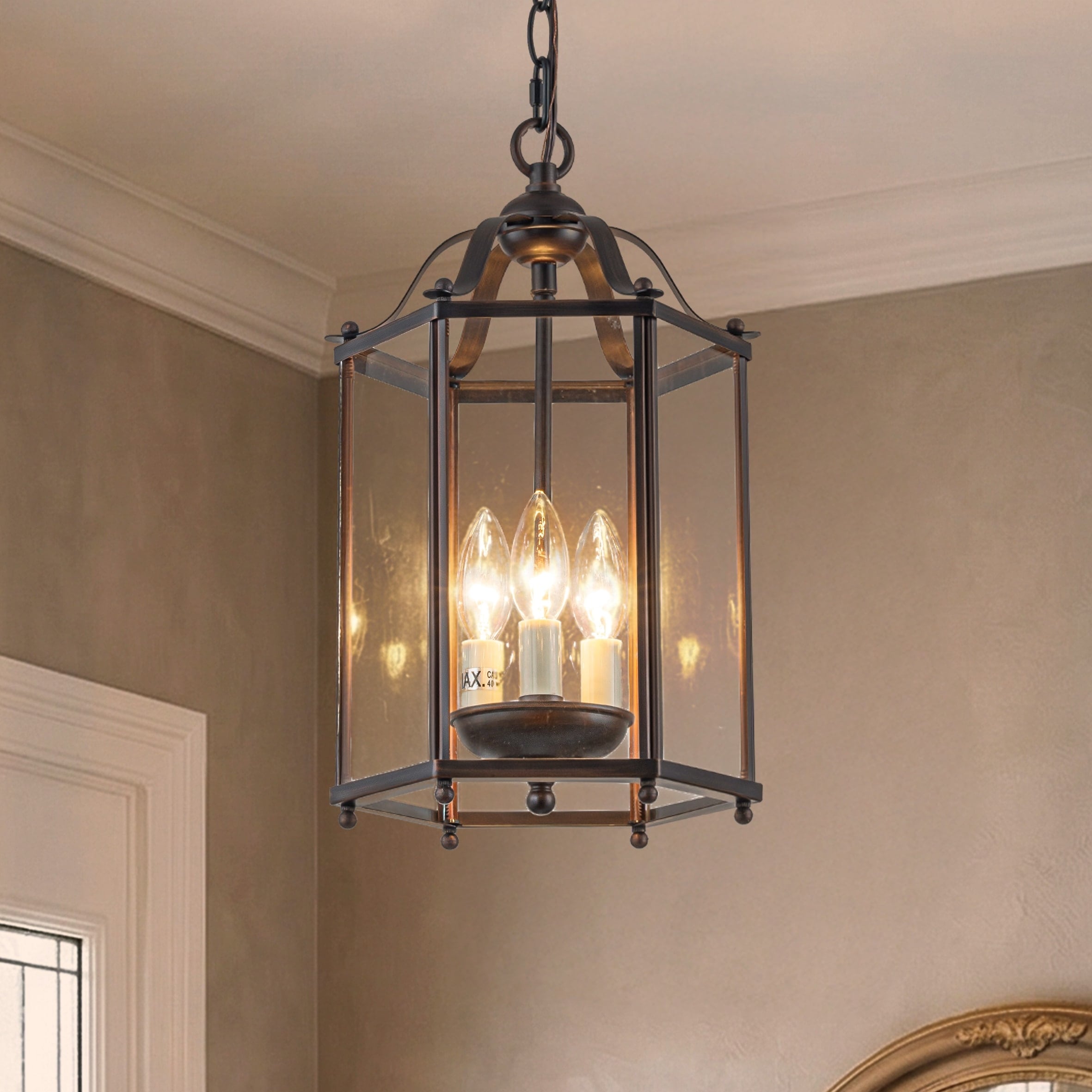Vintage Bronze Lantern Pendant Light 3-Light Farmhouse Chandelier with Clear Glass Shade 10‘’ Hanging Light for Foyer Kitchen