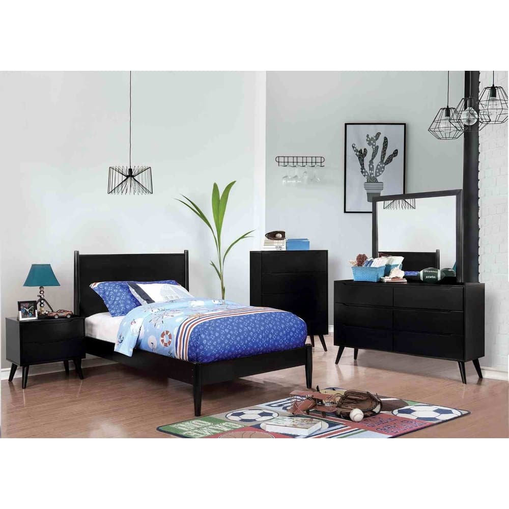 Black Finish Mid Century Modern Bedroom Furniture Set Bed Nightstand Dresser Mirror Chest