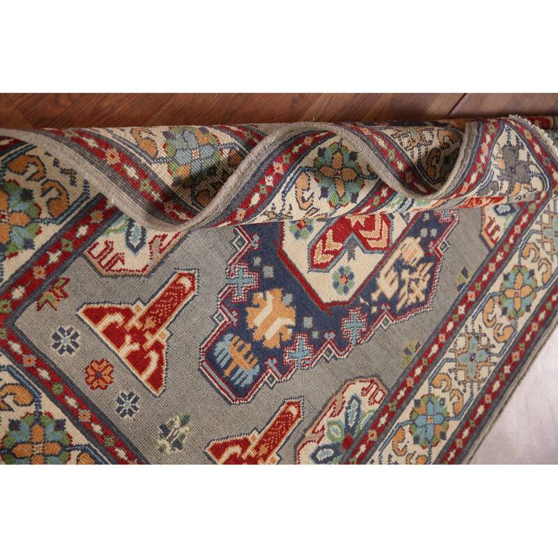 Geometric Kazak Oriental Rug Hand-Knotted Oriental Grey Wool Carpet - 3'6"x 4'10"