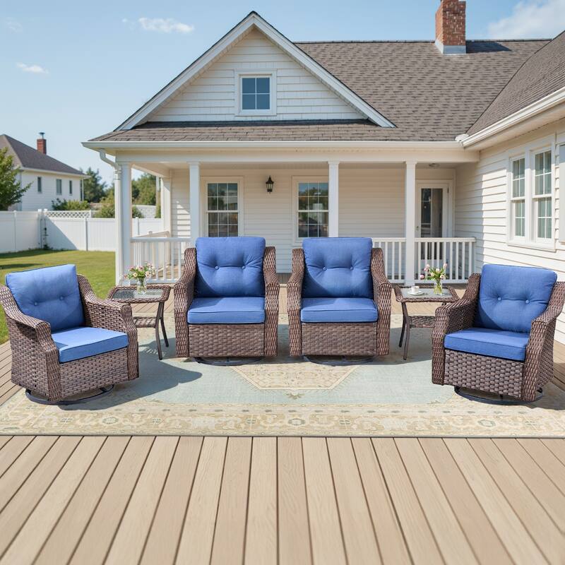 Pocassy 6-Piece Patio Swivel Chair with Side Table - Brown Wicker Gray Cushion - 6-Piece Swivel Chair with Side Table