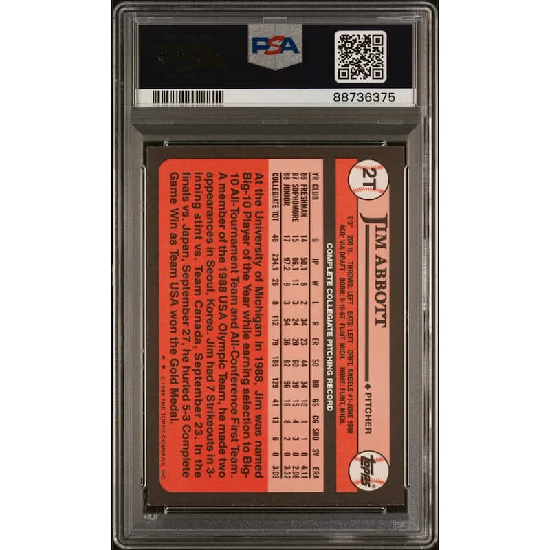 Jim Abbott 1989 Topps Traded Signed Rookie Card #2T Auto Graded PSA 10 88736375 - 8'6" x 11'6"
