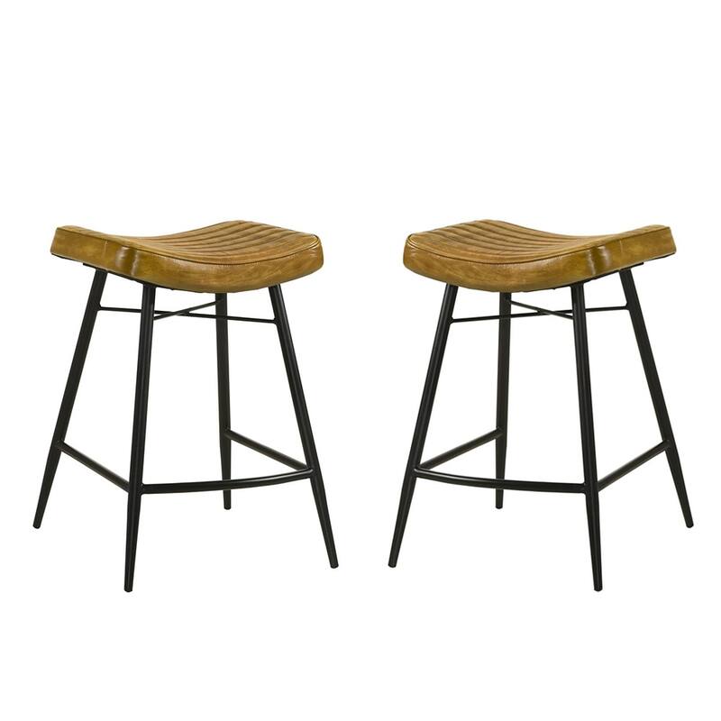 Set of 2 Leather Upholstered Saddle Seat Bar Stools - Antique Camel and Black - Counter Height