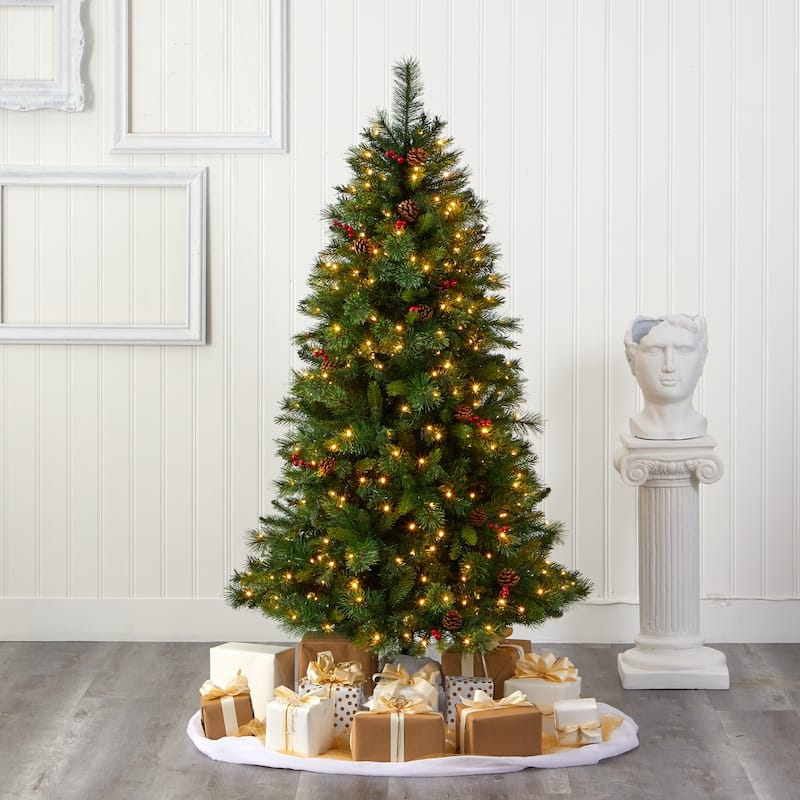 6ft Artificial Christmas Tree with Lights - Rustic Spruce Holiday Decor, Pine Cones & Berries - Green - 72