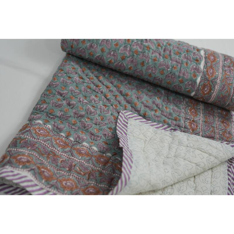 Fabdivine Luxury Hand Block Print Cotton Quilt Floral Boho Bedding for Bedroom & Sofa, Pink Brown, Handmade Reversible Bedspread - 100" X 104" - Pink,Brown