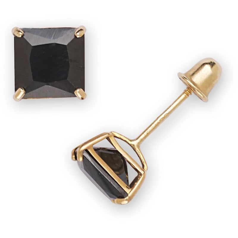 Curata 14k Gold Princess-cut 6mm Black Cubic Zirconia Stud Screw Back Earrings