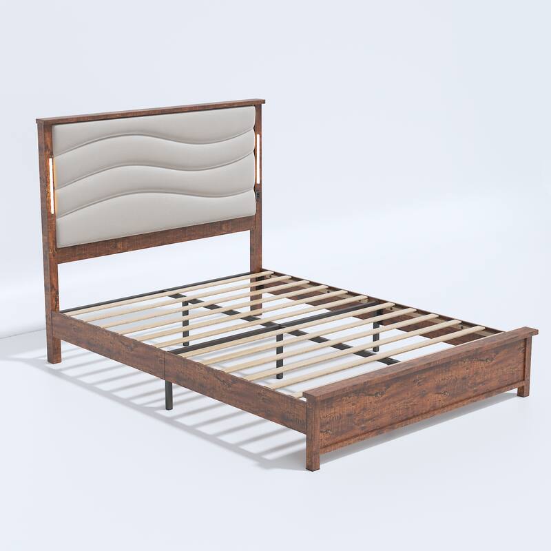 Queen Size Bed Frame with Upholstered Headboard, Charging Station, LED Lights, Wood Slats, No Box Spring Needed, Easy Assembly