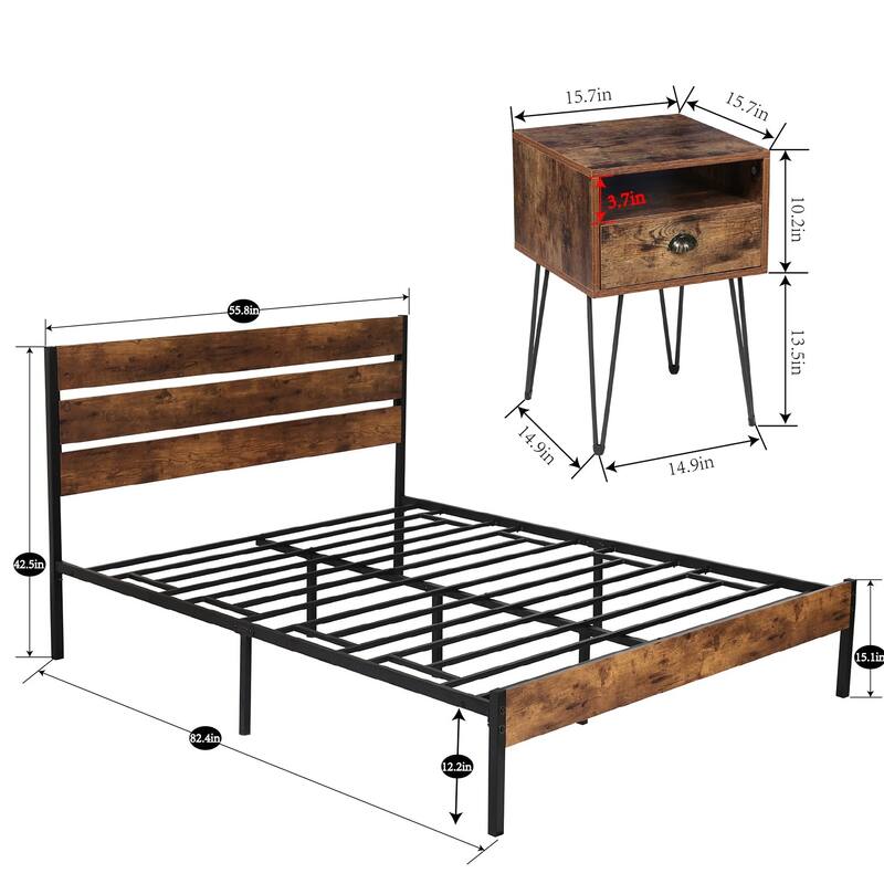 3-Pieces Bedroom Set with Rustic Brown Platform Bed Frame and Nightstands Set of 2