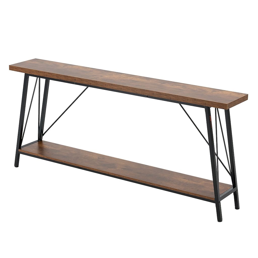 Brown-Black 2-Tier Narrow MDF Console Table with Steel Frame for Hallway or Entryway - 70.9 x 11.8 x 31.5 in