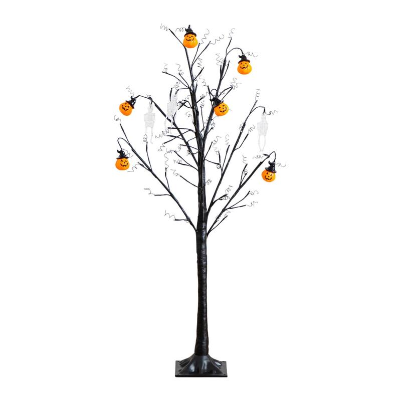 Pre-Lit Skulls and Pumpkins Artificial Halloween Twig Tree - 4' - LED Lights
