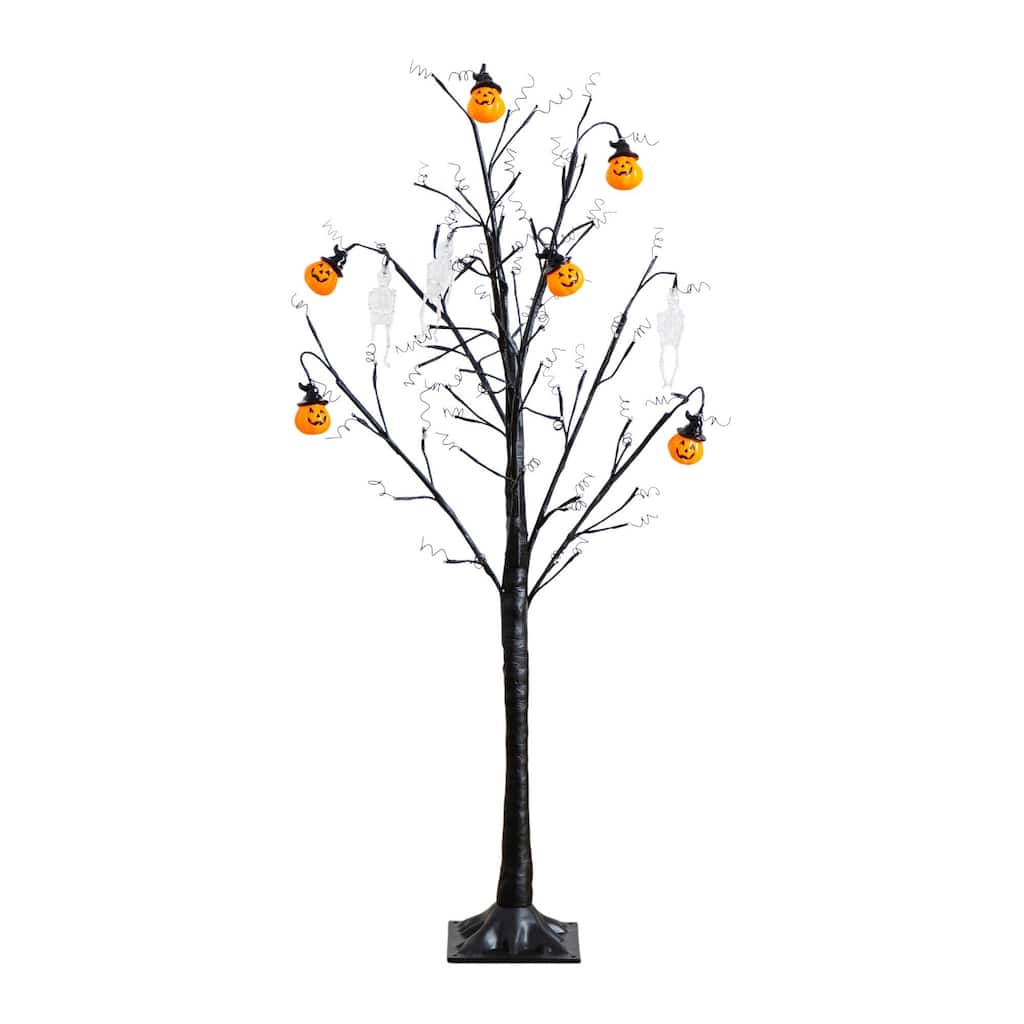 Pre-Lit Skulls and Pumpkins Artificial Halloween Twig Tree - 4' - LED Lights