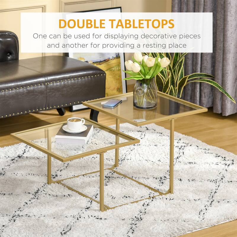 Tempered Glass Coffee Table with 2 Square Tabletops