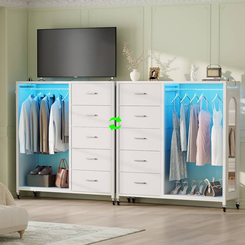 Kid's Closet Organizer with Fabric Drawers and Mirror, Rolling Dresser and Chest with Charge Station