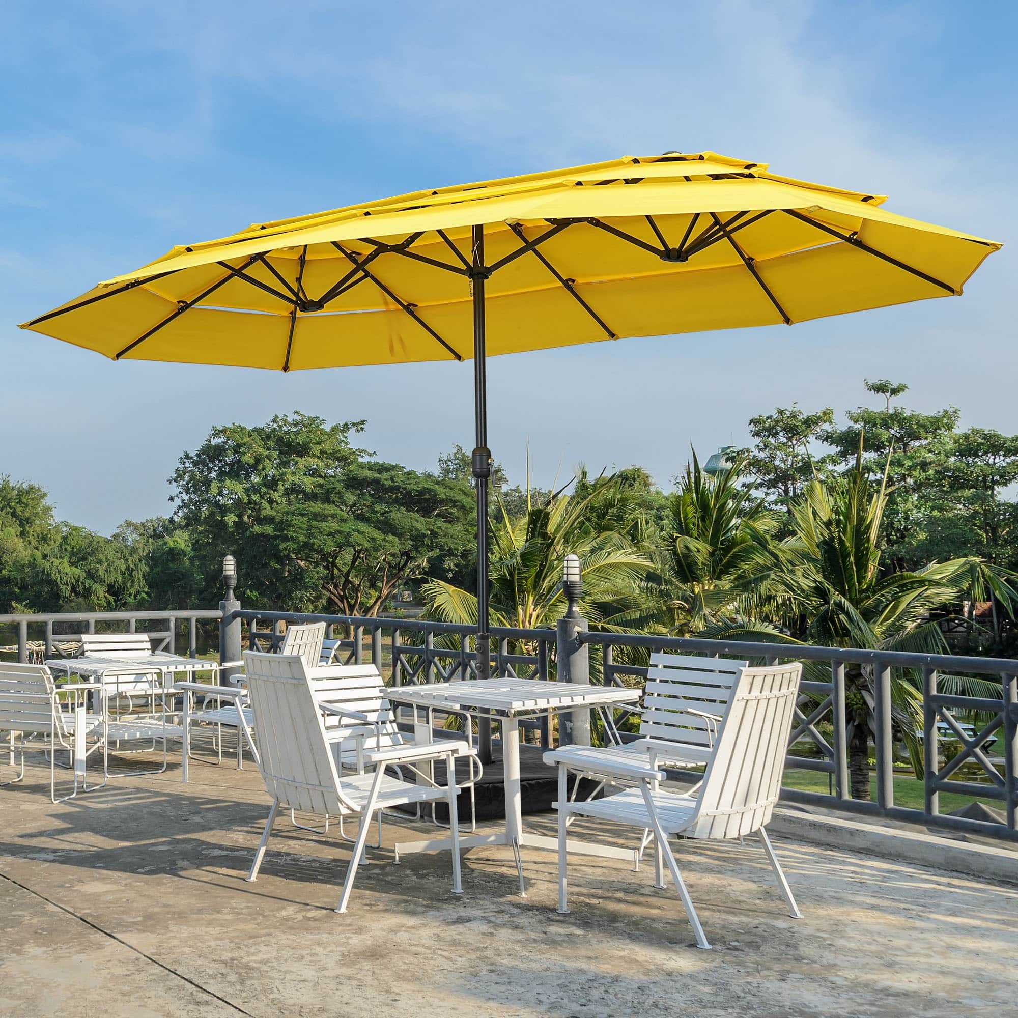 large movable patio umbrella GRAND 11 ft 12 ft Cantilever Patio with Base, Round Offset Umbrellas for Garden Deck Pool duty polyester canopy is made to stand up for seasons against water and UV rays Freeport Park 10x10 Cantilever Umbrella
