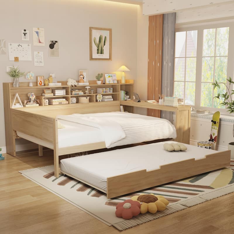Wooden Full Size Daybed with Storage Shelves, Multi-functional Bed with Twin Size Trundle Bed